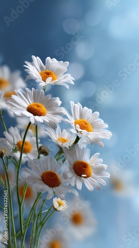 Beautiful White Daisies Blooming in a Serene Blue Background Under Natural Li...