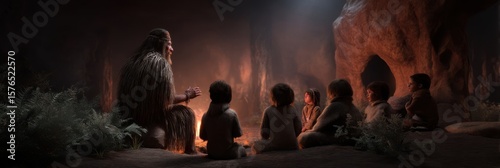 Ancient storyteller sharing tribal legends with attentive children around a campfire