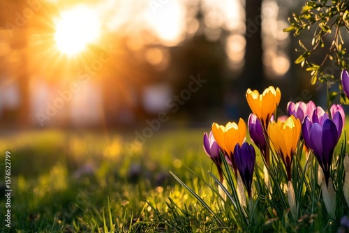 Colorful Crocuses Bloom in the Sunlight During Springtime in a Park