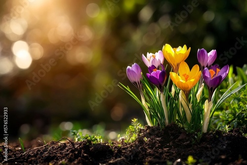 Colorful Crocuses Bloom in the Sunlight During Springtime in a Park