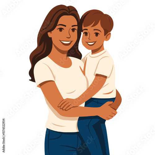 Mother's Day illustration – Happy mom holding her son in a warm embrace