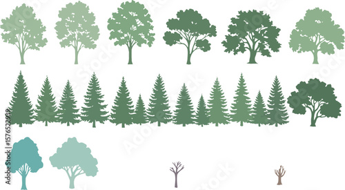 Various tree silhouettes in different colors arranged in three horizontal rows