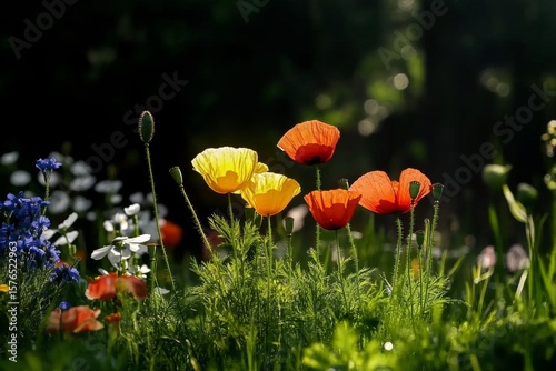 Colorful Wildflowers Bloom in a Sunny Meadow During Springtime