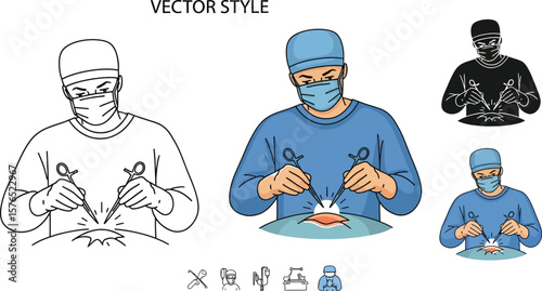 Three illustrations of a surgeon performing an operation with surgical tools