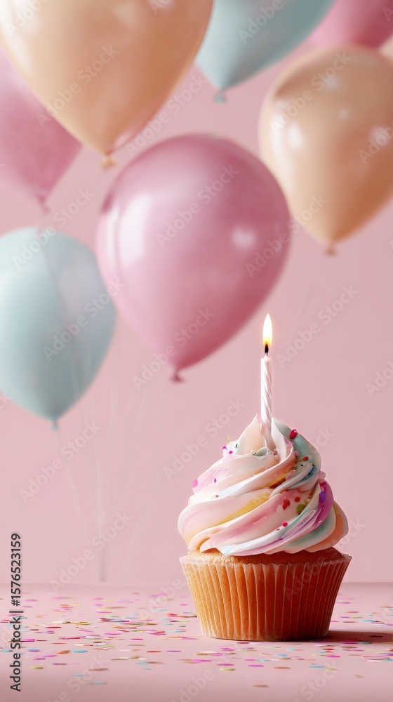 Fototapeta premium Colorful Birthday Cupcake With Candle and Balloons During Celebration at a Festive Setting