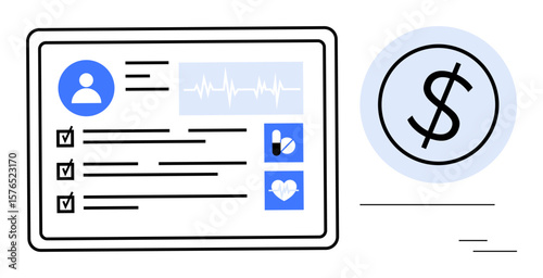 Online medical health record with personal data, medication, heart rate, checklists, and cost symbol. Ideal for healthcare, finance, telemedicine, insurance digital records technology simple flat