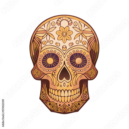 Ornate Sugar Skull Illustration, Floral Motifs, Day of the Dead Celebration