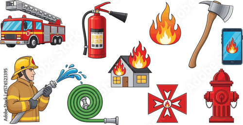 cartoon firefighter, fire engine truck, fire extinguisher, fire, burning house, axe, fire hose, fire hydrant, fire alarm, fire safety icons
