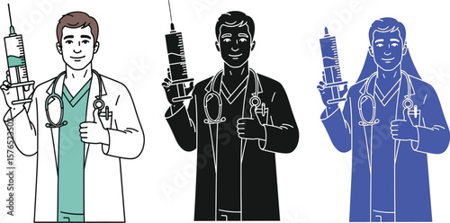 Three doctors holding syringes and giving thumbs up in different color schemes