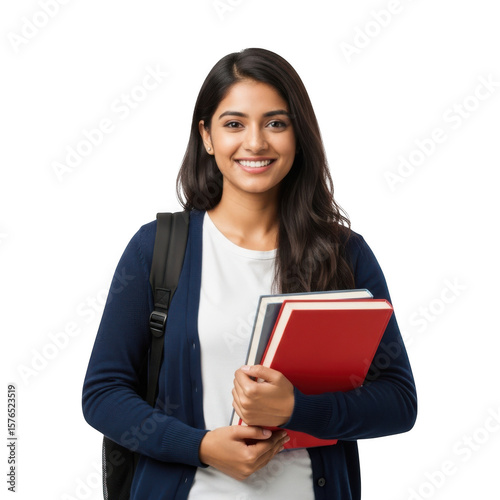 A smiling young indian student is holding books and wearing a backpack isolated on transparent background