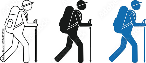 Illustration of three hikers with backpacks and walking sticks in different styles
