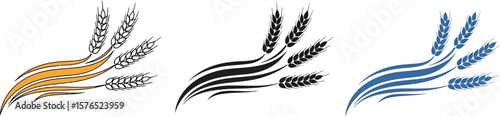 Three wheat stalk illustrations in gold black and blue on a white background