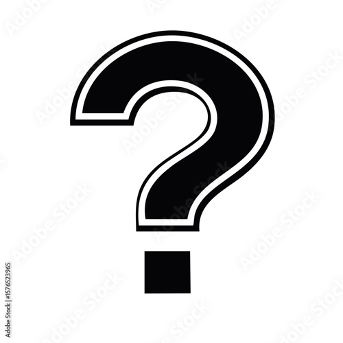 Sleek black question mark with white outline, crisp visual icon of inquiry