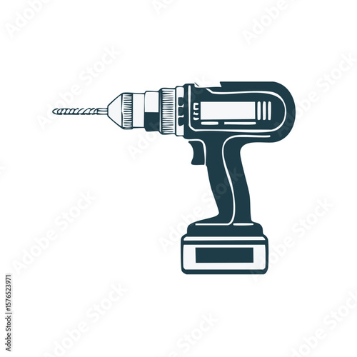 Drill Illustration, Dark Teal Cordless Power Drill with Drill Bit Graphic, Construction Tool, Hand Tool, Vector Image