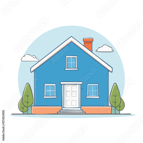Blue family house illustration with lawn and trees on light blue sky with clouds