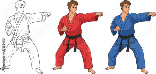 Three martial artists in different colored uniforms striking a fighting stance pose