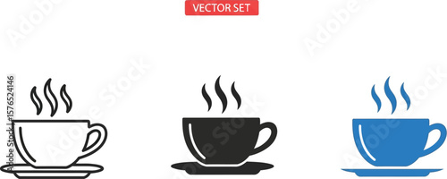 Three cups of coffee with steam in different color schemes on white background