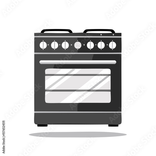 Black Kitchen Range Oven Appliance with Knobs and Glass Door Cartoon Vector