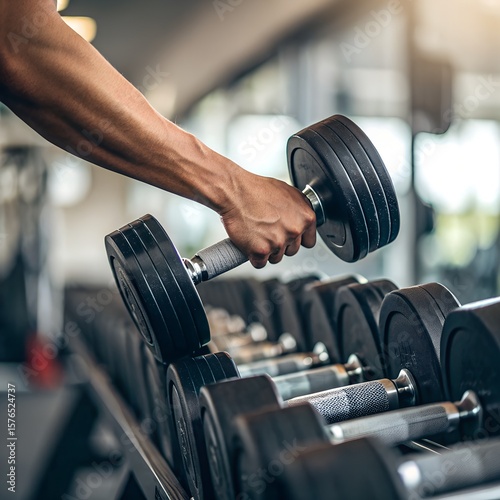 A muscular male hand lifts a black dumbbell from a rack in a gym. The background shows blurred gym equipment and natural light.