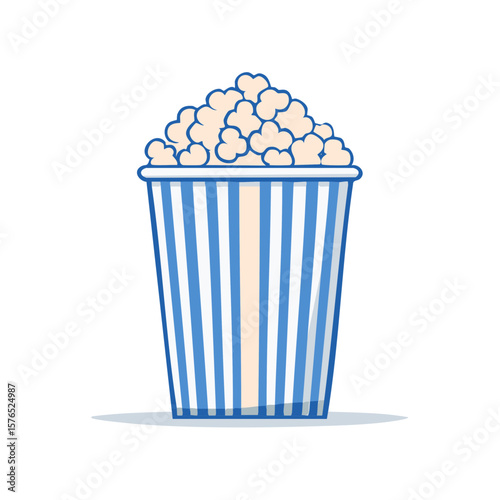 Illustration of a blue and white striped container overflowing with popped popcorn, symbolizing snacks at the movies