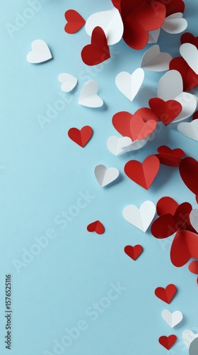 Colorful Paper Hearts Scattered on a Blue Background for Celebrations and Events