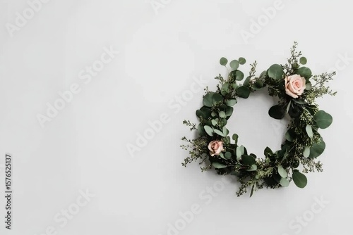 Simple Green Wreath With Pink Roses Hanging on a Light Wall in a Modern Inter...