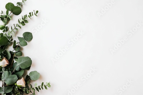 Simple Green Wreath With Pink Roses Hanging on a Light Wall in a Modern Inter...