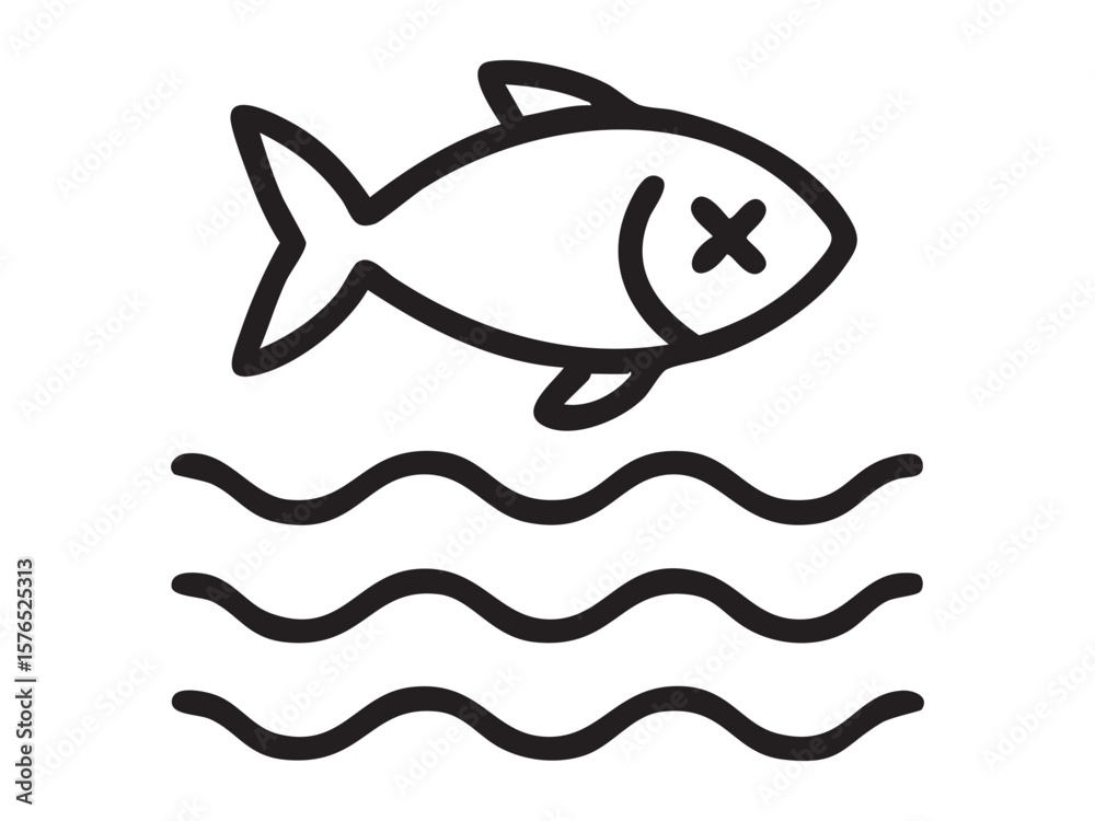 Obraz premium Black outline of dead fish above water waves isolated on white background, graphic illustration. concept of environmental pollution, contaminated water, ocean, eco awareness, icon
