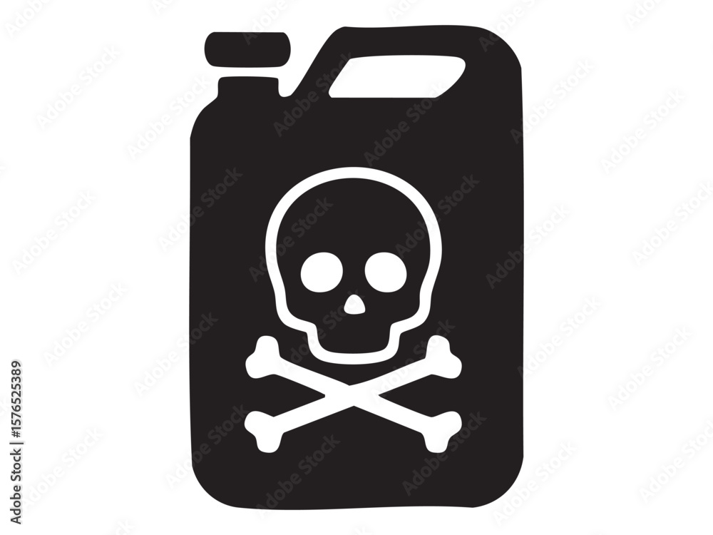 Black silhouette of skull and crossbones on chemical container, isolated on white background, graphic illustration. concept of danger, toxic, hazard, poison, warning icon. Black silhouette of skull and crossbones on chemical container, isolated on white background, graphic illustration. concept of danger, toxic, hazard, poison, warning icon.