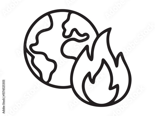 Black outline of earth and flame icon isolated on white background, graphic illustration. concept of environmental pollution, global warming, climate change, earth crisis, warning symbol