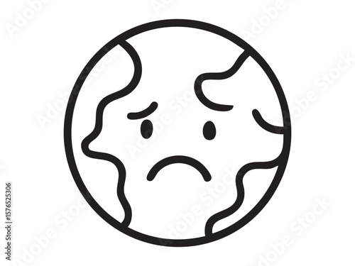 Sad earth icon with frowning face, isolated on white background, graphic illustration. concept of environmental pollution, climate change, global warming, conservation, eco-awareness