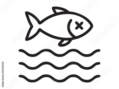 Black outline of dead fish above water waves isolated on white background, graphic illustration. concept of environmental pollution, contaminated water, ocean, eco awareness, icon