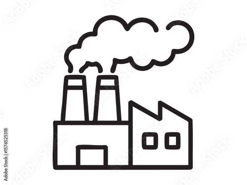 Black outline of industrial factory with chimneys emitting smoke, isolated on white background, graphic illustration. concept of pollution, environmental impact, industry, air quality