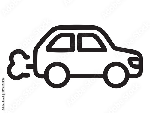 Black outline of car emitting exhaust fumes, isolated on white background, graphic illustration. concept of environmental pollution, eco awareness, transportation, design element