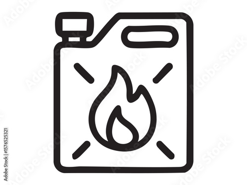 Black outline of gasoline can with flame symbol isolated on white background, graphic illustration. concept of fuel container, fire risk, warning sign, safety, icon, design element