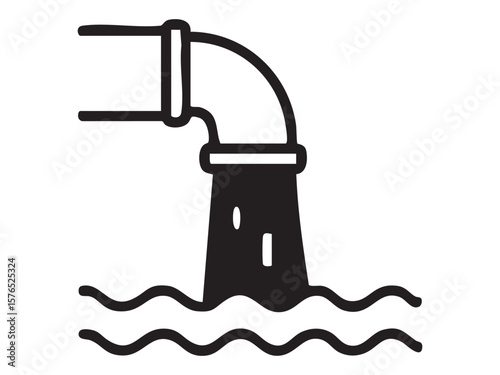 Black outline of industrial pipe discharging water into waves, isolated on white background, graphic illustration. concept of pollution, environment, discharge, waste, icon, logo