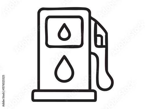 Black outline of gas pump with droplet symbol, isolated on white background, graphic illustration. concept of fuel, gas station, environmental pollution, icon, logo, design element
