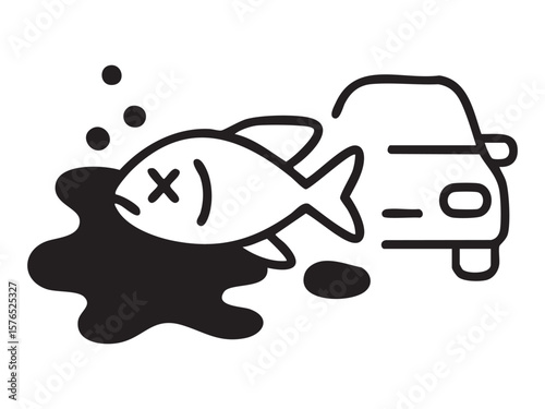 Icon of environmental pollution with dead fish and car emissions, illustration on white background. concept of ecology, pollution, environmental impact, ocean, design element