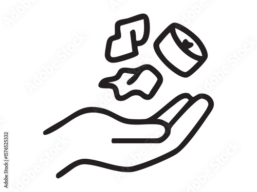 Black outline of hand with litter floating above, isolated on white background, graphic illustration. concept of environmental pollution, waste management, recycling, icon, design element.