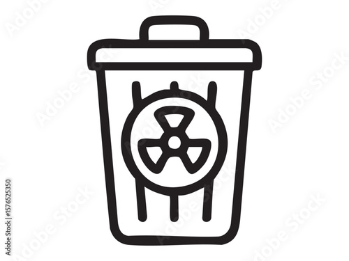 Black outline of trash bin with radioactive symbol isolated on white background, graphic illustration. concept of environmental pollution, waste management, icon, logo, hazard