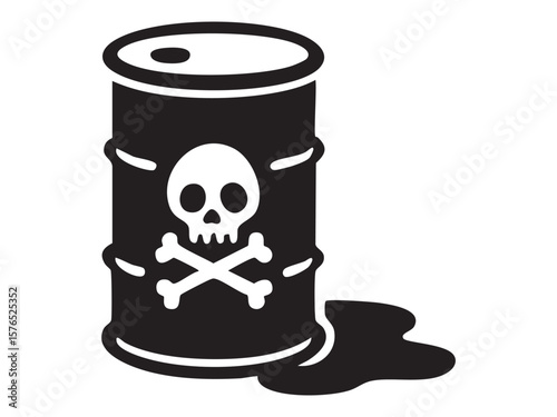 Black silhouette of hazardous waste barrel with skull and crossbones, isolated on white background. concept of toxic waste, pollution, environmental hazard, danger icon, safety.