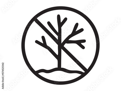 Black outline of environmental pollution icon with tree and prohibition sign, isolated on white background. concept of ecology, sustainability, green awareness, eco symbol, design element
