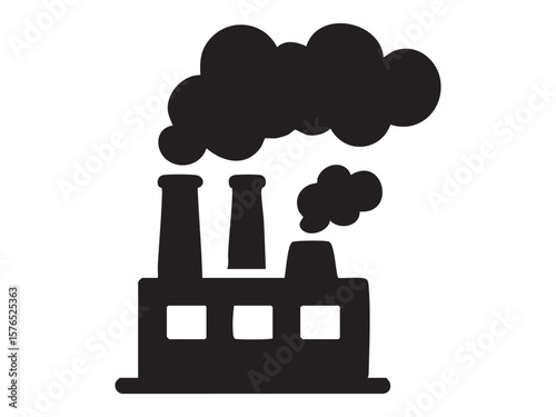 Black silhouette of factory with smoke stacks emitting clouds, isolated on white background, graphic illustration. concept of environmental pollution, industry, icon, design element.