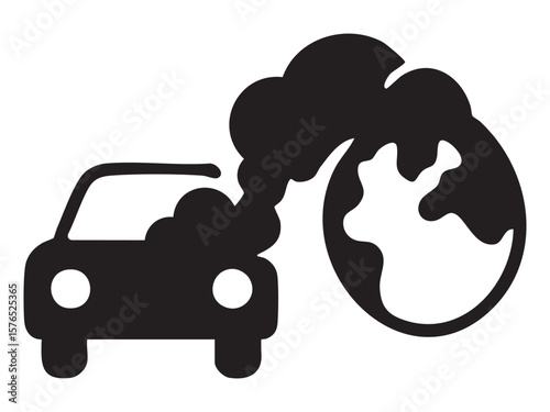 Black silhouette of car emitting pollution next to earth, graphic illustration. concept of environmental damage, climate change, air quality issues, eco awareness, design element