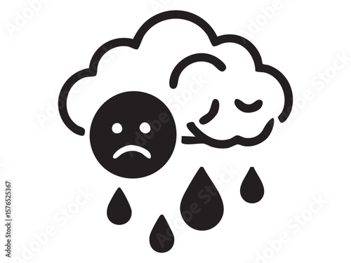 Sad cloud with raindrops icon on white background, graphic illustration. concept of environmental pollution, climate change, weather, eco issue, design element, symbol.