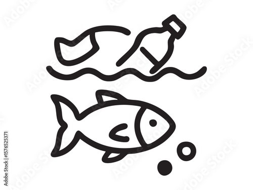Black outline icon of environmental pollution showing fish and floating trash in water, isolated on white background, graphic illustration. concept of eco-awareness, ocean waste