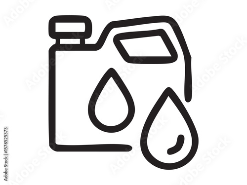 Black outline of oil can with droplet symbols, isolated on white background, graphic illustration. concept of environmental pollution, oil spill, industrial waste, icon, logo, design element