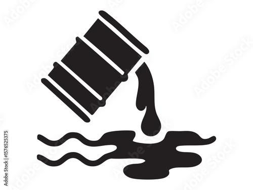 Black silhouette of barrel leaking liquid into water, isolated on white background, graphic illustration. concept of environmental pollution, toxic waste, ecological hazard, icon