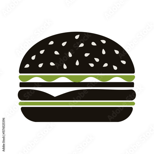 Abstract cartoon hamburger illustration with black bun and green fillings