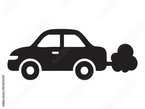Black silhouette of car emitting smoke isolated on white background, graphic illustration. concept of pollution, environmental impact, air quality, emission, automotive design